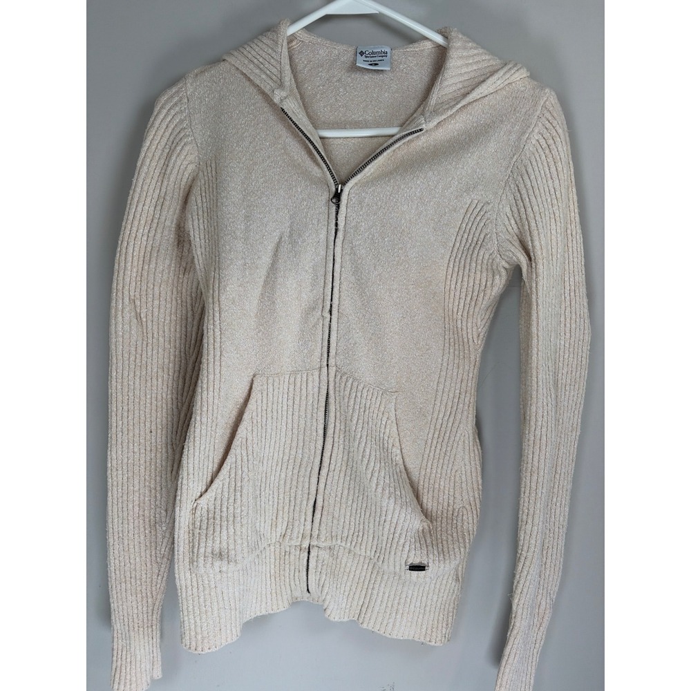 Columbia Sportswear Womens Cream Ribbed Full Zip Hooded Sweater AL2002 Small